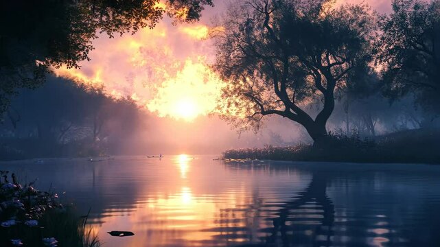 sunset over lake, Serene sunset over a misty river, reflecting vibrant colors. peaceful on the water. Silhouetted trees frame the scene adding depth and tranquility to the picturesque landscape