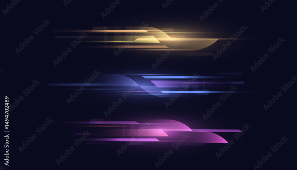 Poster glowing horizontal motion lines with blurred light effects on dark background. neon streaks in purpl