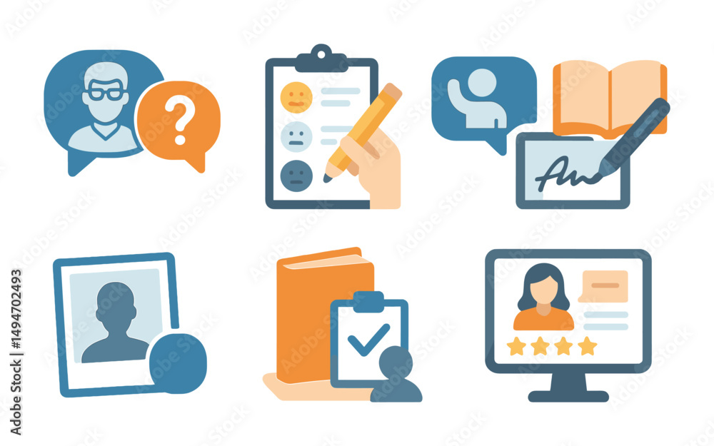 Poster communication and feedback flat icons set – user interface, interaction symbols