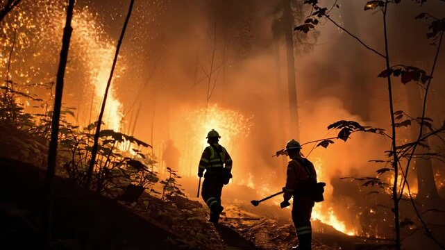 Burning Flames Devour Forest: Two firefighters confront a raging wildfire as intense flames devour a forest.
