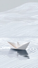 A small origami paper boat is gently floating on a serene surface of water. Soft ripples surround it, creating a tranquil atmosphere with a minimalist and peaceful background