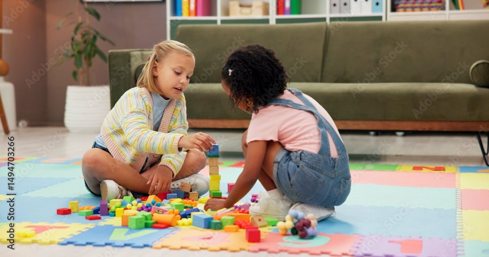 Poster building blocks, fun and children in psychology waiting room with cognitive development or growth. f