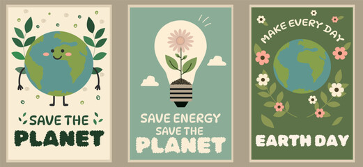 Earth Day poster set: floral Earth, eco bulb and nature quotes in matching flat vector style for green campaigns and education.