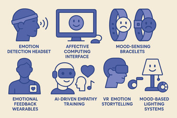 Emotion detection flat icons set – affective computing, wearables, mood analysis symbols