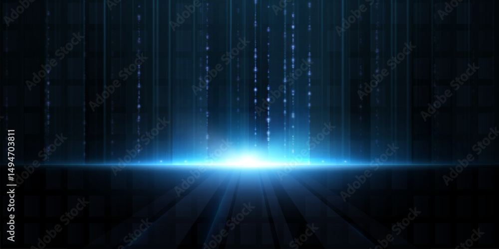 Poster Abstract background with vertical streams of blue light and glowing particles on a dark scene. Futuristic perspective with shining platform and falling digital rays, Matrix style.