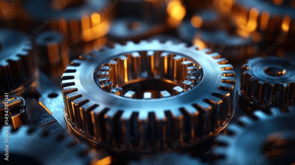 Poster intricate arrangement of metallic gears illuminated by warm light creating a dynamic industrial aest
