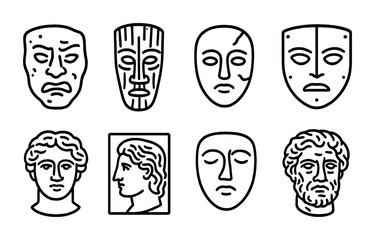 Greek and roman mask outline icons set – line, historical, cultural symbols