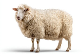 Fototapeta premium Full side view of fluffy white sheep standing on white background. Livestock breed, wool harvesting, and traditional rural farming concept