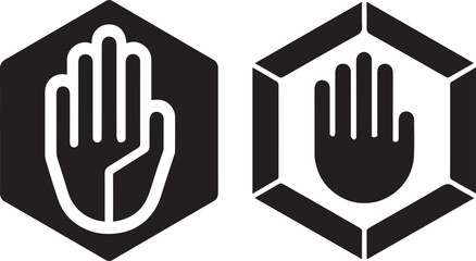 Obraz premium Stop Hand Icon Set: Hexagon-shaped stop hand icons, ideal for safety signage, warning symbols, and user interface design. The design features a clear, bold hand graphic in a contrasting color scheme.