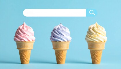 Three colorful ice cream cones with soft serve in pink, purple, and yellow against a light blue background