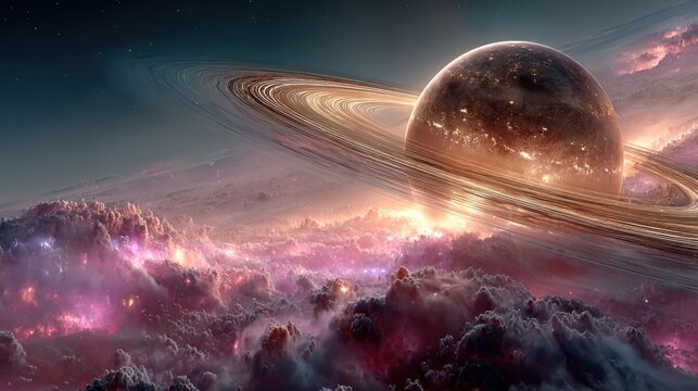 Majestic gas giant with vibrant rings and colorful cosmic clouds in a distant galaxy
