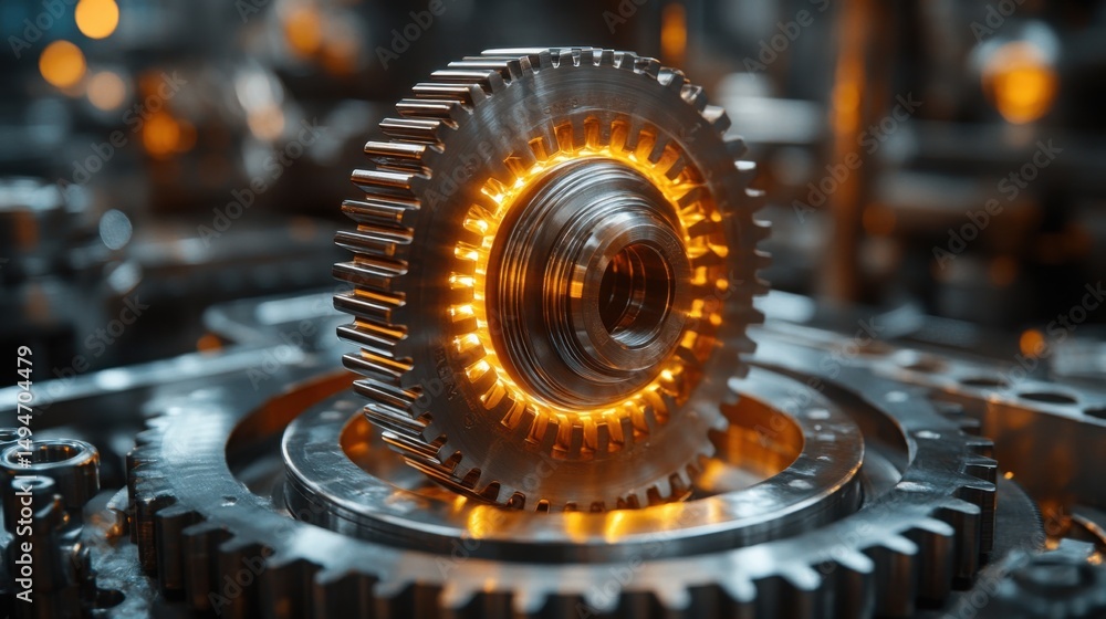 Poster mechanical gear highlighted by glowing light in a complex machinery setup during the evening in a wo