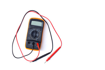 Digital multimeter close-up with test probes isolated on white background. Tool for diagnostics of electronics and voltage measurement.