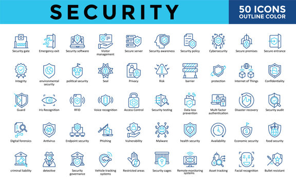 Security icons set with security gate, emergency exit, security software, visitor management, secure server, security awareness, security policy, cybersecurity icon. Simple outline color vector 
