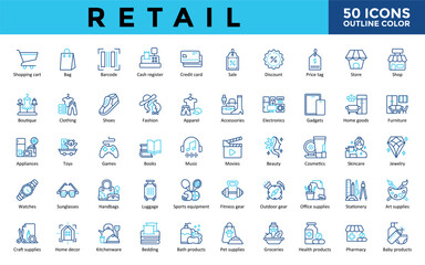 Retail icons set with shopping cart, bag, barcode, cash register, credit card, sale, discount, price tag, store, shop icon. Simple outline color vector 
