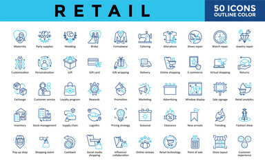 Retail icons set with maternity, party supplies, wedding, bridal, formalwear ,tailoring, alterations, shoes repair, watch repair icon. Simple outline color vector 
