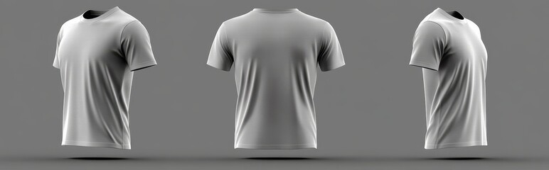 A set of white t-shirts with round necks is shown from the front, back, and side on a transparent background as a cutout image file, serving as a mockup template for graphic design artwork, created