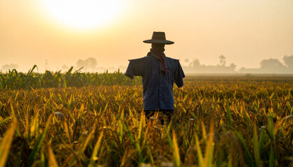 Fototapeta premium Sunrise Silhouette of a Scarecrow in a Golden Rice Paddy Field