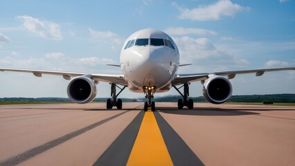 Front view of a commercial airplane on runway ready for takeoff