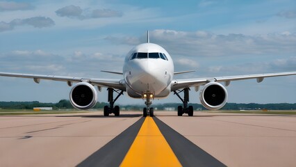 Front view of a commercial airplane on runway ready for takeoff