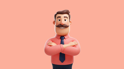 3D Cartoon Man with Arms Crossed on Peach Background