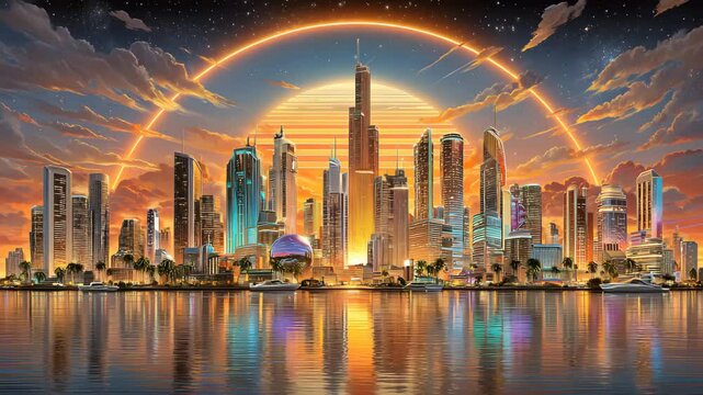sunset skyline vaporwave city retro futuristic skyline, retro futuristic skyline with sunset glow, retro futuristic skyline vaporwave retro-futuristic waterfront metropolis digital utopian neon world