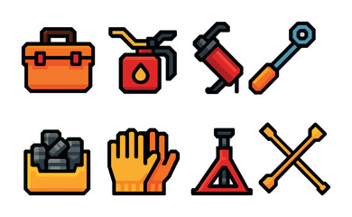 Fototapeta premium Construction and tools icons set – pixel art, flat, building and repair symbols