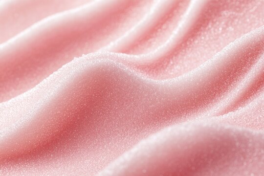 Irregular pattern of creamy organic pink scrub with sugar grains. Skincare product as background close view from above. Texture of raspberry, strawberry body scrub with exfoliating particles. Flat lay