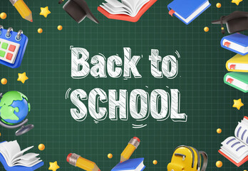 Back to school design. 3d frame Back to school greeting text with backpack schoolbag, book, pencil and chalkboard educational elements. Vector illustration