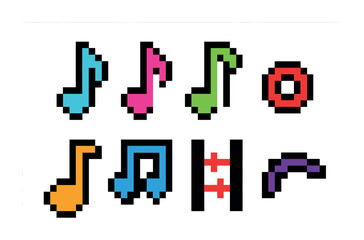Colorful retro music notes and symbols in pixel art style for creative projects