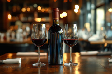 Bottle of wine and glasses on table.