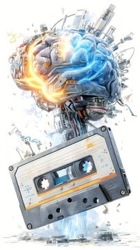 retro cassette brain detonation exploding AI brain cassette, exploding AI brain cassette fusion, exploding AI brain cassette retro AI-powered neural memory fusion cyber nostalgia tech overload