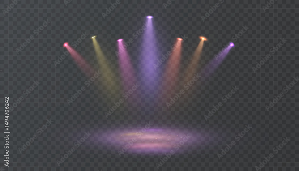 Poster Set of multicolored spotlights with transparent background, forming soft light beams in various directions. Realistic lighting effect for concerts, parties, stage scenes or design.

