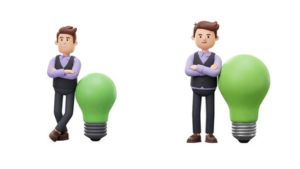Two 3D Cartoon Men with Green Light Bulbs for Eco Ideas