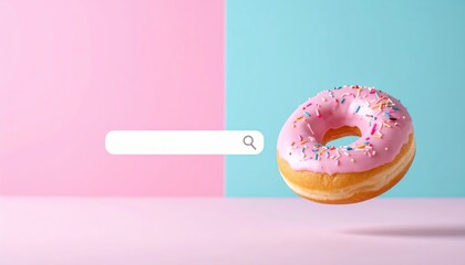 Pink frosted donut with colorful sprinkles floating over a pink and blue background with a search bar