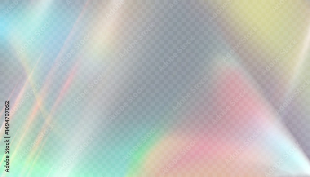 Aufkleber Transparent background with soft holographic light distortion and rainbow shimmer texture. Iridescent glow refraction effect for overlays, digital design, web and branding visuals.

