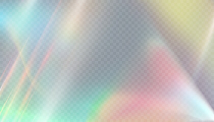 Transparent background with soft holographic light distortion and rainbow shimmer texture. Iridescent glow refraction effect for overlays, digital design, web and branding visuals.

