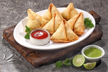 Samosa or samboosa is a triangular fried pastry filled with boiled potatoes seasoned with spices mixed with peas, onions, coriander leaves, and sometimes paneer.