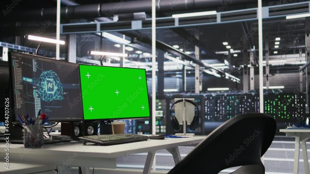 Poster green screen desktop pc set up in data center overseeing server infrastructure powering artificial i