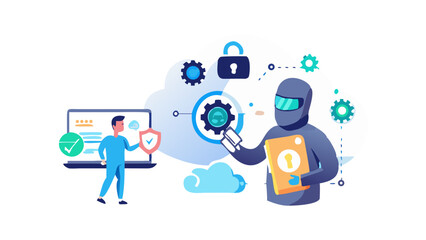 Obraz premium Character use artificial intelligence tools to detect cyberthreats and for data security, protection, privacy. Cybersecurity in cloud computing concept.