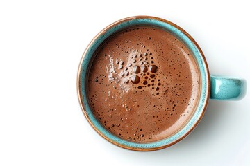 vibrant color image of Hot chocolate in a blue grey ceramic mug isolated on white from above