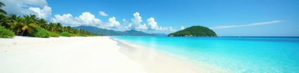 White sand, clear water, distant green island silhouette, sun, tropical scene, tropical