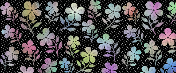 An illustration of rainbow-colored flowers, a background illustration with colorful flowers on a black background, an illustration of polka dots and a fantastical flower field