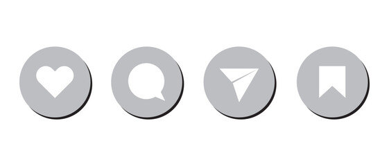 Like, comment, share, and save icon vector of social media. Love, speech bubble, paper plane, favorite sign symbol