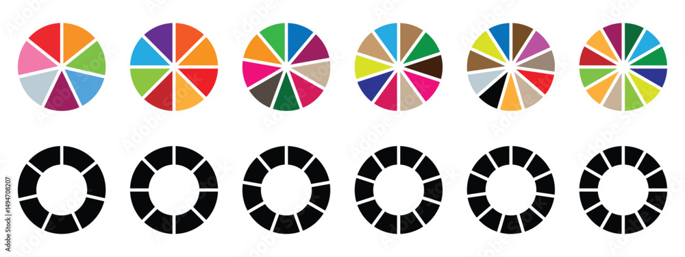 Poster circle diagram with sections or parts, set of different color circles, segmented circle icons for in