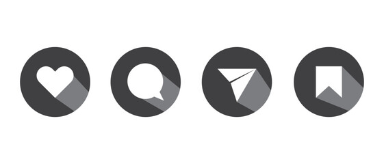 Set of generic social media user interface icons. Like, comment, share and save icons. Social media flat icons. Vector, flat outline icon isolated on white, 10 eps.