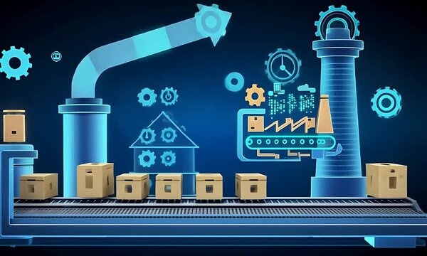 Animated illustration of a factory conveyor system with boxes, gears, and industrial elements in a blue background
