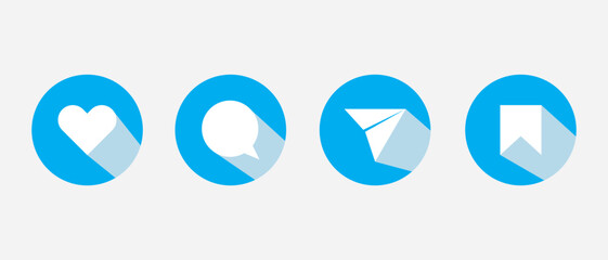 Like, comment, share, and save icon vector of social media. Love, speech bubble, paper plane, favorite sign symbol