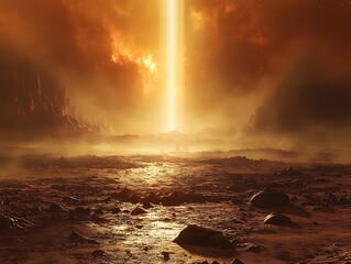 Otherworldly landscape with luminous beam in a desolate and mysterious scene