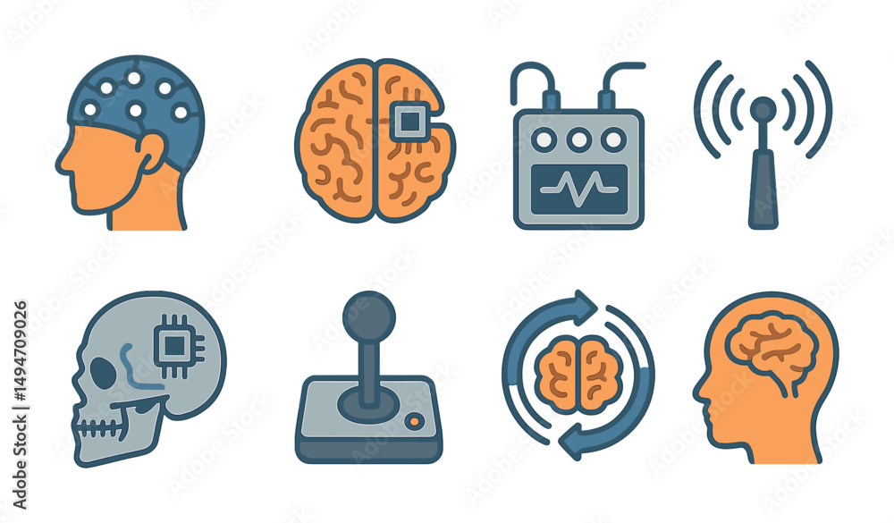 Poster brainstorming and technology icons set – outline, neural, cyber and smart tech art